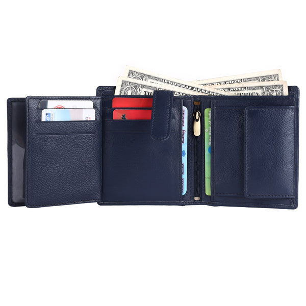 Wallet for Men - Blue | Genuine Leather Bifold Money Wallet | RFID Protected | 9 Card Slots, 2 ID Card