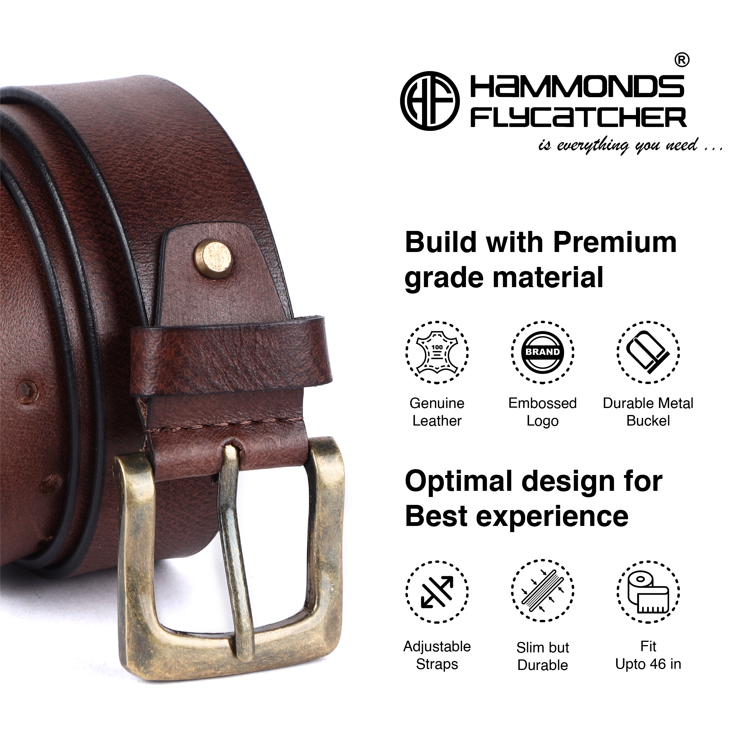Genuine Leather Belt for Men - Waist Belt Ideal for Casual, Formal - Fits Waist 28-46 Inch