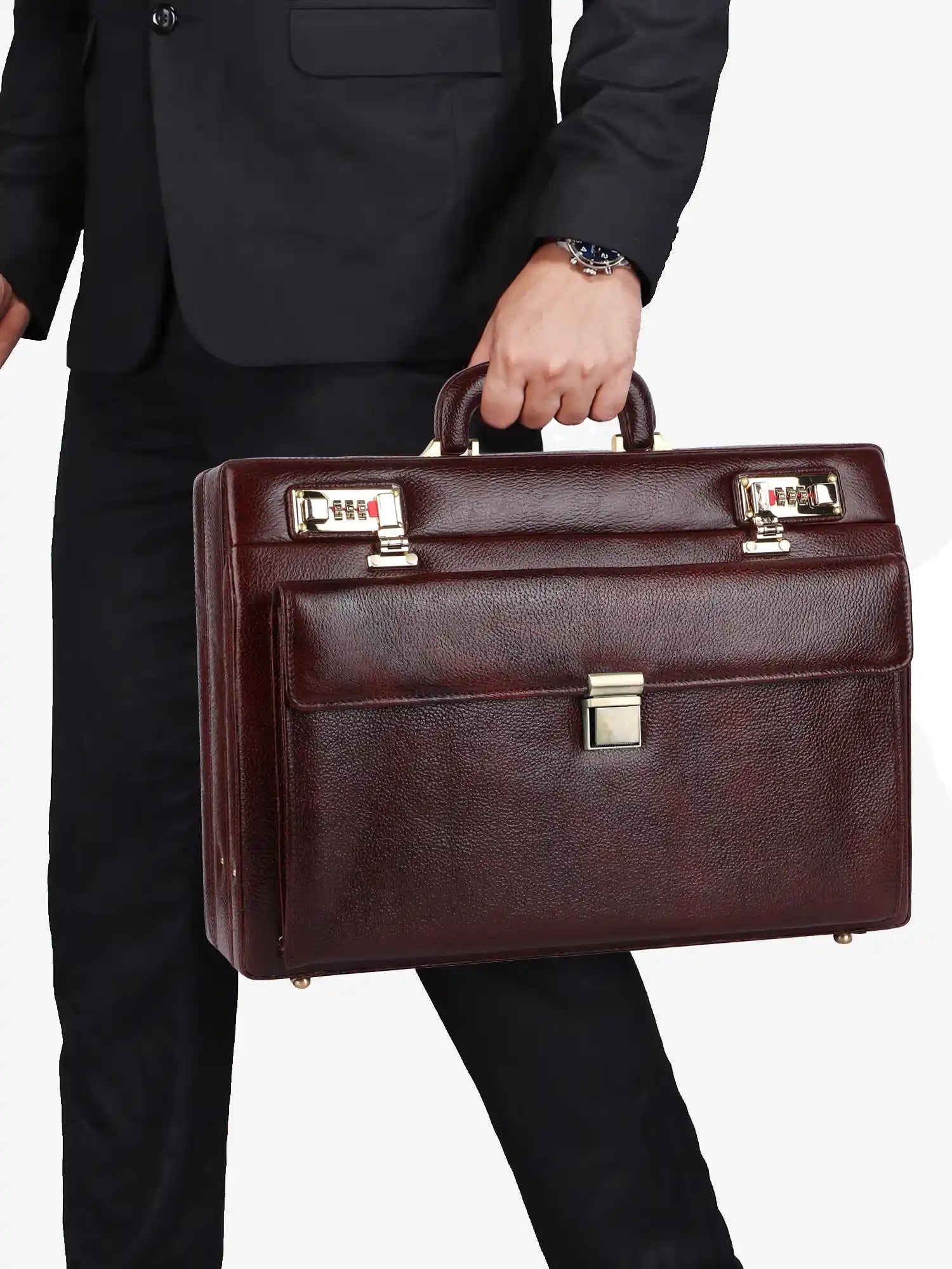 Expandable Briefcase for Men -Genuine Leather Office Bag, Travel Bag with Dual Combination Locks Protection