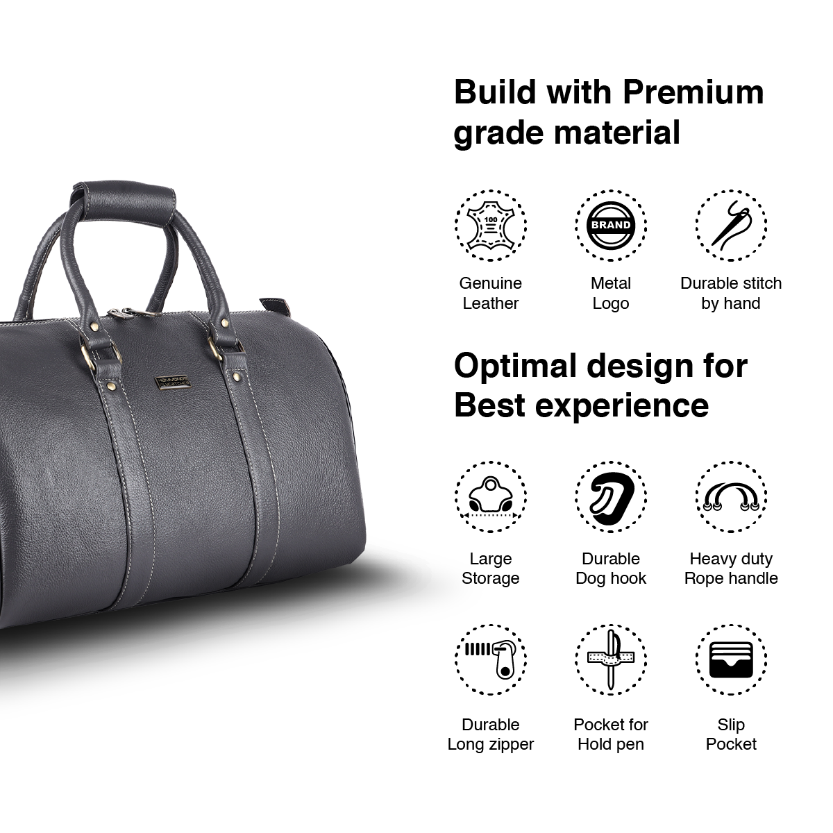 Duffle Bag for Travel - Genuine Leather Travel Bag for Luggage - Ideal Cabin Weekender Bag - Spacious, Stylish and Durable