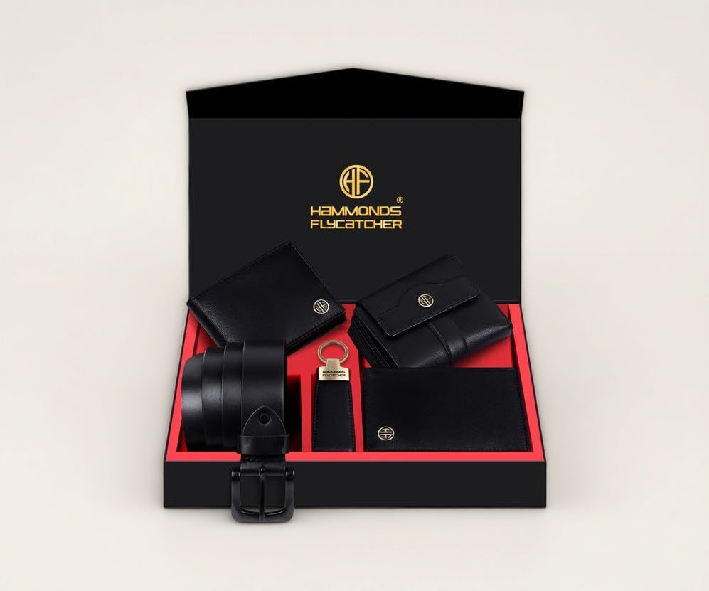 Genuine Leather Black Executive Gift Set | 5 in 1 Mega Combo| Men's Wallet, Ladies Wallet, Passport Holder,