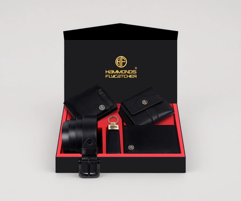 Genuine Leather Black Executive Gift Set | 5 in 1 Mega Combo| Men's Wallet, Ladies Wallet, Passport Holder,